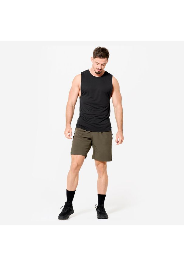 DOMYOS - Koszulka fitness męska Domyos bez rękawów. Kolor: czarny. Materiał: poliester, wiskoza, materiał. Długość rękawa: bez rękawów. Styl: sportowy