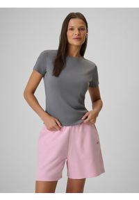 4f - 4F T-shirt slim prążkowany damski - szary L. Okazja: na co dzień. Kolor: szary. Materiał: prążkowany. Styl: casual, klasyczny #1