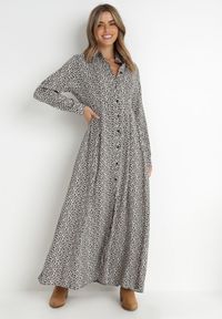 Born2be - Czarno-Biała Sukienka Hekadia. Okazja: na co dzień. Kolor: czarny. Materiał: wiskoza, tkanina. Długość rękawa: długi rękaw. Wzór: kwiaty. Typ sukienki: proste, koszulowe. Styl: casual. Długość: maxi #2