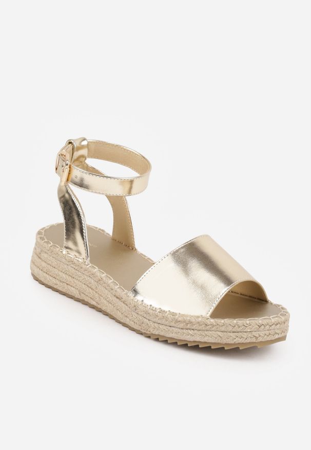 Born2be - Złote Sandały VICES na Grubej Podeszwie z Plecionki z Paskiem Wokół Kostki Doria. Zapięcie: pasek. Kolor: złoty. Materiał: jeans. Sezon: lato