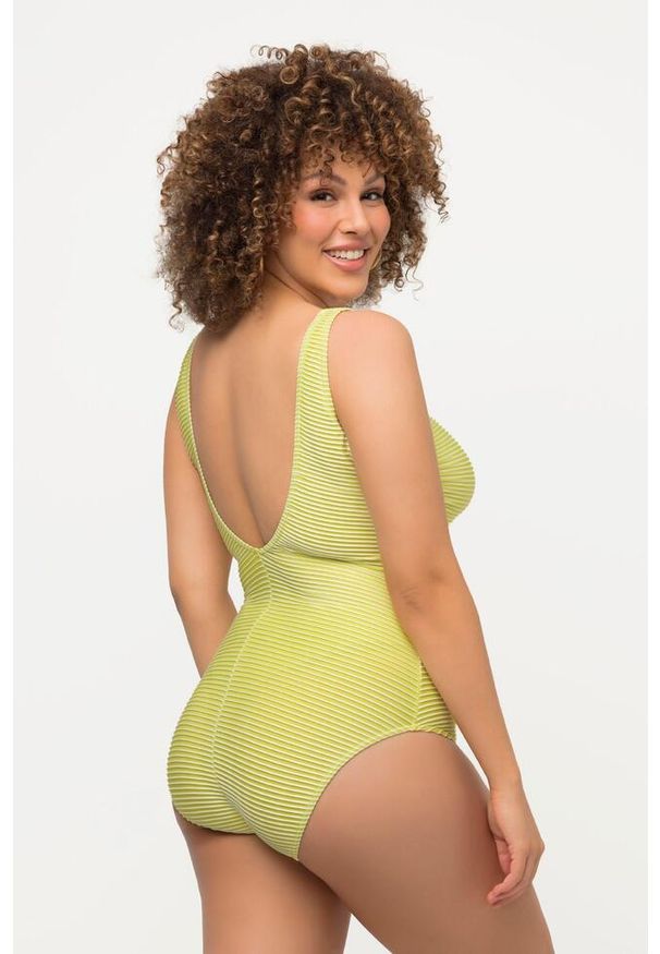 ULLA POPKEN - Damski Kostium kąpielowy pasy struktura miękkie miseczki okrągły dekolt. Kolekcja: plus size. Kolor: zielony, wielokolorowy, żółty. Materiał: poliester, elastan, poliamid, materiał