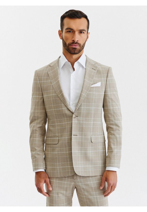 Pako Lorente - PAKO LORENTE – Beżowa marynarka męska w kratę. Kolor: beżowy. Materiał: poliester, elastan, wiskoza. Styl: boho