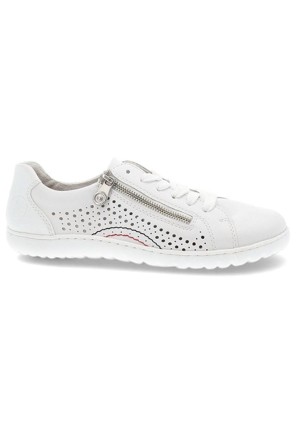 Białe Sneakersy Rieker Modne Obuwie Damskie. Okazja: na co dzień, na spacer. Zapięcie: sznurówki. Kolor: biały. Materiał: skóra. Szerokość cholewki: normalna. Sport: turystyka piesza