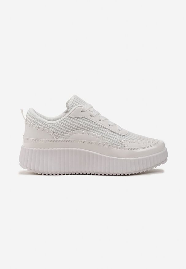 Born2be - Białe Sneakersy z Patchworkową Cholewką i Tłoczoną Platformą Geridia. Kolor: biały. Szerokość cholewki: normalna. Obcas: na platformie