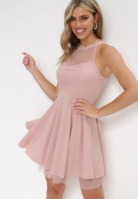Born2be - Różowa Rozkloszowana Sukienka Mini z Siateczką Philippina. Okazja: na imprezę, na wesele, na randkę, na ślub cywilny. Kolor: różowy. Materiał: tiul. Długość rękawa: bez rękawów. Długość: mini #1