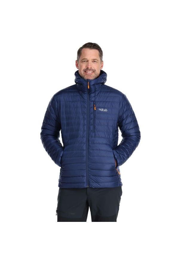 Kurtka puchowa męska Rab Microlight Alpine Jacket z kapturem. Typ kołnierza: kaptur. Kolor: pomarańczowy, niebieski, wielokolorowy. Materiał: puch. Sport: turystyka piesza