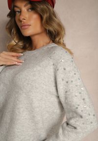 Renee - Szary Sweter z Bawełną i Cekinami Ceala. Okazja: na co dzień, na imprezę. Kolor: szary. Materiał: bawełna. Wzór: aplikacja. Styl: casual, elegancki #3