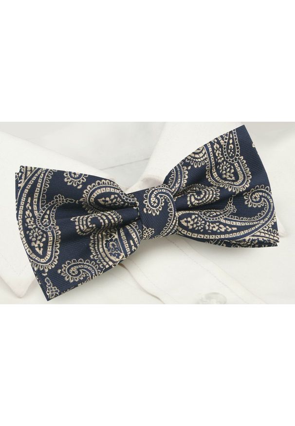 Mucha Męska z Poszetką - Alties - Granat, Jasnozłote Paisley. Kolor: niebieski. Wzór: paisley. Styl: sportowy, elegancki