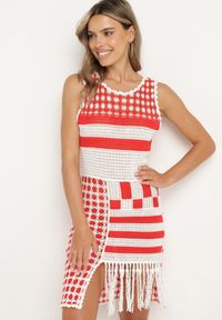 Born2be - Biało-Czerwona Dopasowana Sukienka z Bawełny o Ażurowym Wykończeniu bez Rękawów Balmalia. Okazja: na co dzień, na imprezę. Kolor: biały. Materiał: bawełna. Długość rękawa: bez rękawów. Wzór: ażurowy. Typ sukienki: dopasowane, proste. Styl: wakacyjny, casual, elegancki, wizytowy #6