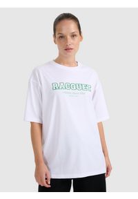 4f - 4F T-shirt oversize z nadrukiem damski - biały XL. Okazja: na co dzień. Kolor: biały. Materiał: bawełna, jersey, materiał, dzianina. Długość rękawa: krótki rękaw. Długość: krótkie. Wzór: nadruk. Styl: klasyczny, sportowy, casual