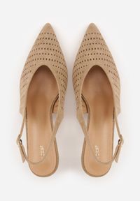 Renee - Ciemnobeżowe Czółenka Slingback VICES na Kaczuszce z Ażurową Cholewką Klephei. Zapięcie: pasek. Kolor: beżowy. Materiał: jeans, skóra, koronka. Szerokość cholewki: normalna. Wzór: ażurowy. Obcas: na szpilce #4