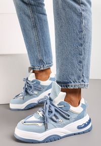 Renee - Niebieskie Sneakersy Ozdobione Kolorowymi i Metalicznymi Wstawkami na Grubej Podeszwie Oplevia. Kolor: niebieski. Wzór: aplikacja, kolorowy #2