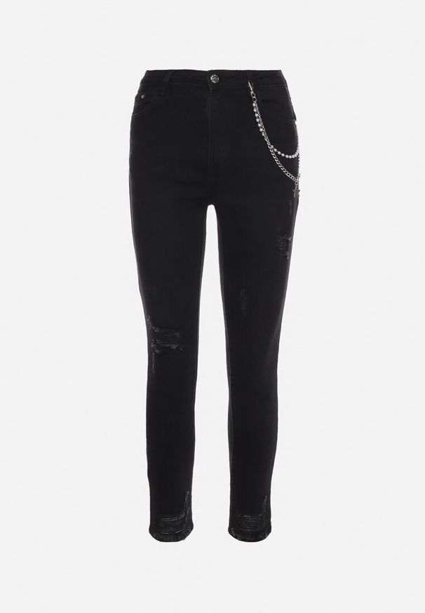 Born2be - Czarne Jeansy Skinny z Ozdobnym Odpinanym Łańcuszkiem i Dziurami Dalphina. Okazja: na co dzień. Kolor: czarny. Wzór: aplikacja. Styl: klasyczny, elegancki, casual