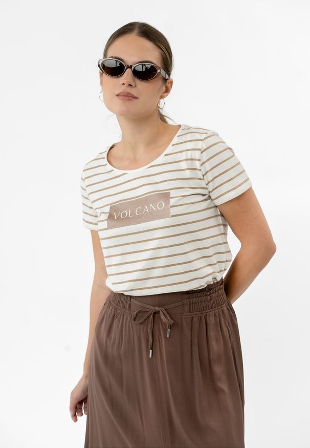 Volcano - T-shirt w paski T-VIV. Kolor: beżowy. Materiał: bawełna, skóra, materiał. Długość rękawa: krótki rękaw. Długość: krótkie. Wzór: paski. Styl: klasyczny