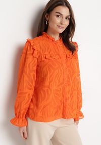 Born2be - Pomarańczowa Koszula Ozdobiona Falbanką i Abstrakcyjnym Wzorem Nunoria. Kolor: pomarańczowy. Wzór: aplikacja #6