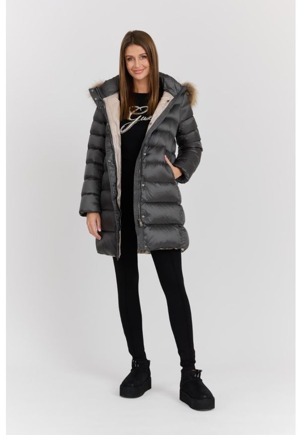 Hetrego - HETREGO Szara damska kurtka puchowa Leonie Quilted Woman Jacket With Detached Hood, Rozmiar 38 EU - 42 IT. Okazja: na co dzień. Kolor: szary. Materiał: puch. Długość rękawa: długi rękaw. Długość: długie. Styl: casual