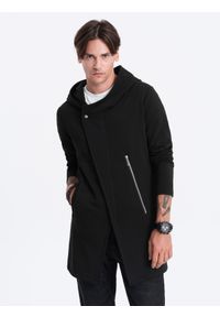 Ombre Clothing - Długa bluza męska z asymetrycznym zapięciem HAGA - czarna - Rozmiar: L. Kolor: czarny. Materiał: bawełna, poliester. Długość: długie. Wzór: aplikacja. Styl: klasyczny #1