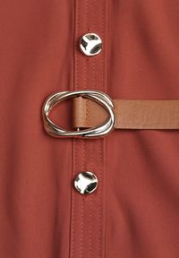 Renee - Brązowa Koszulowa Sukienka Ozdobiona Paskiem i Rękawem z Regulacją Esaviona. Okazja: na co dzień. Kolor: brązowy. Materiał: jeans. Wzór: aplikacja. Typ sukienki: koszulowe. Styl: casual, elegancki #6