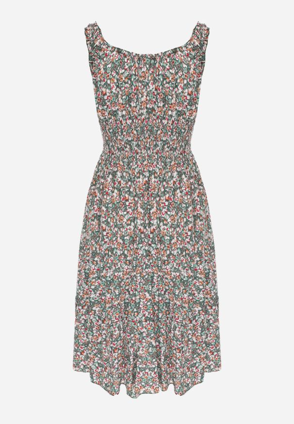 Renee - Zielono-Różowa Taliowana Sukienka Bawełniana o Rozkloszowanym Kroju z Gumką w Pasie Nelyssa. Okazja: na co dzień, na randkę. Typ kołnierza: dekolt hiszpanka. Kolor: zielony. Materiał: bawełna. Długość rękawa: na ramiączkach. Sezon: lato. Styl: boho, casual