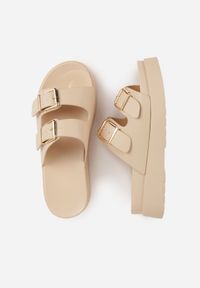 Born2be - Beżowe Klapki na Grubej Podeszwie z Dwoma Klamrami Xenienne. Okazja: na co dzień. Kolor: beżowy. Materiał: jeans. Wzór: ażurowy. Styl: casual, klasyczny #5