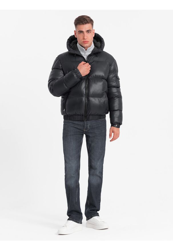 Ombre Clothing - Męska ciepła kurtka puffer ze ściągaczami – czarna V1 OM-JAHP-0207 - XXL. Okazja: na co dzień. Typ kołnierza: kaptur. Kolor: czarny. Materiał: guma, poliester, syntetyk, nylon, materiał, tkanina. Wzór: aplikacja. Sezon: zima. Styl: casual
