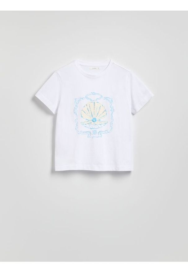 Reserved - T-shirt z ozdobnym nadrukiem - biały. Kolor: biały. Materiał: bawełna. Wzór: nadruk