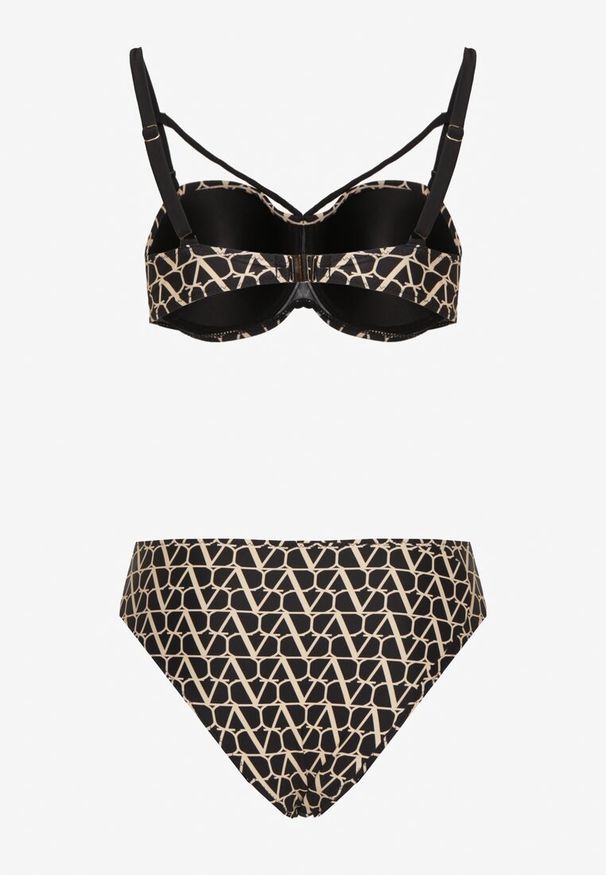 Renee - Beżowe Bikini Biustonosz i Majtki Typu Figi w Geometryczny Wzór Linarissa. Kolor: beżowy. Wzór: geometria