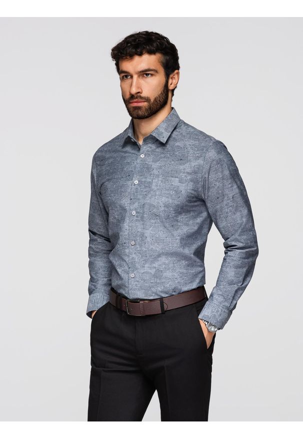 Ombre Clothing - Klasyczna flanelowa męska koszula bawełniana w kwiaty - szara V3 - Rozmiar: L. Typ kołnierza: kołnierzyk klasyczny. Kolor: szary. Materiał: bawełna. Długość rękawa: długi rękaw. Długość: długie. Wzór: kwiaty. Styl: klasyczny