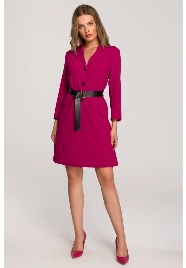 Stylove - Elegancka żakietowa sukienka marynarka z paskiem - śliwkowa. Okazja: na spotkanie biznesowe, do pracy. Styl: elegancki