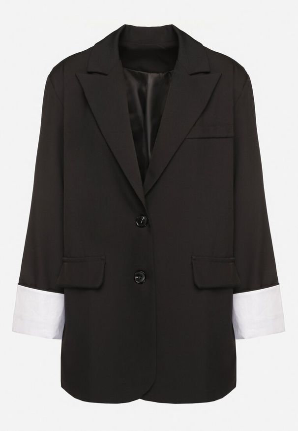 Born2be - Czarna Marynarka z Usztywnionymi Ramionami i Wywiniętymi Rękawami Miathalin. Okazja: na co dzień. Kolor: czarny. Materiał: jeans. Styl: casual