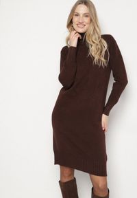 Born2be - Brązowa Dzianinowa Sukienka z Bawełną o Prostym Kroju z Golfem Tesala. Okazja: do pracy, na spotkanie biznesowe. Typ kołnierza: golf. Kolor: brązowy. Materiał: bawełna, dzianina. Wzór: jednolity. Typ sukienki: proste. Styl: biznesowy, klasyczny #1