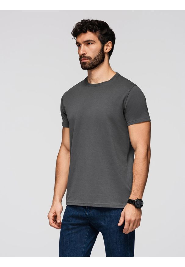 Ombre Clothing - Męski klasyczny bawełniany T-shirt BASIC - grafitowy V15 - Rozmiar: L. Okazja: na co dzień. Kolor: szary. Materiał: bawełna. Styl: klasyczny