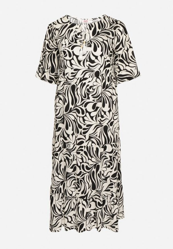 Born2be - Czarna Sukienka z Wiskozy o Prostym Kroju z Wiązaniem w Roślinny Wzór Edirania. Okazja: na co dzień. Typ kołnierza: dekolt w serek. Kolekcja: plus size. Kolor: czarny. Wzór: aplikacja. Typ sukienki: proste. Materiał: wiskoza. Długość rękawa: krótki rękaw. Styl: elegancki, casual, klasyczny