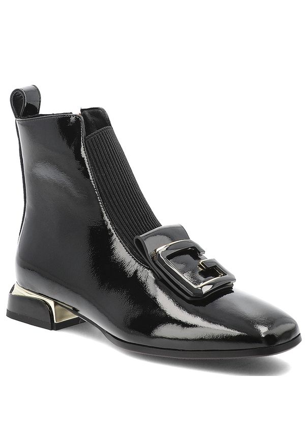 Czarne Botki S.Barski Stylowe Buty Damskie Z Broszką. Zapięcie: klamry. Kolor: czarny. Materiał: lakier, skóra. Sezon: zima, jesień. Obcas: na obcasie. Styl: elegancki. Wysokość obcasa: średni