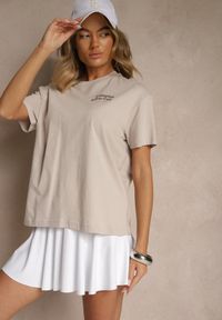 Renee - Beżowy T-shirt Oversize z Bawełny Ozdobiony Nadrukiem Filiora. Okazja: na co dzień. Kolor: beżowy. Materiał: bawełna. Wzór: aplikacja, nadruk. Styl: casual #3