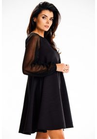 Awama - Elegancka sukienka trapezowa z tiulowymi rękawami czarna. Kolor: czarny. Materiał: tiul. Typ sukienki: trapezowe. Styl: elegancki #3