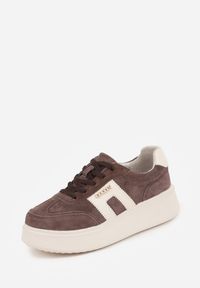 Renee - Brązowe Perforowane Sneakersy Chunky ze Skóry Naturalnej na Platformie Silvanatea. Kolor: brązowy. Materiał: skóra. Obcas: na platformie #4