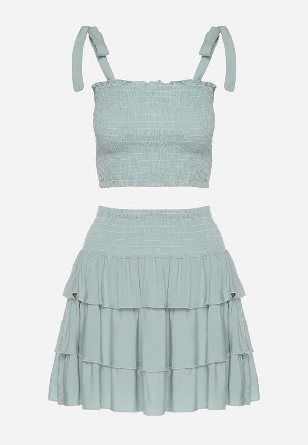 Born2be - Miętowy Bawełniany Komplet Top z Kokardami i Spódnica z Falbanami Saralva. Kolor: zielony. Materiał: bawełna