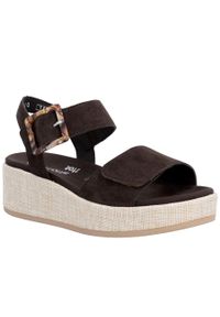 Skórzane sandały damskie na koturnie brązowe Remonte by Rieker D1N54-25. Kolor: brązowy. Materiał: skóra. Obcas: na koturnie #1