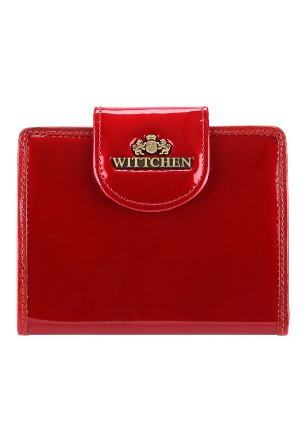 Wittchen - Damski portfel ze skóry lakierowany z ozdobną napą czerwony. Kolor: czerwony. Materiał: skóra, lakier. Wzór: aplikacja