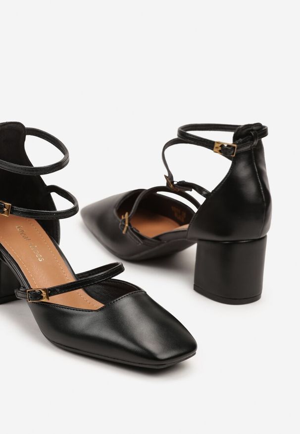 Born2be - Czarne Czółenka na Obcasie z Kwadratowym Noskiem i Sprzączkami Mlivina. Okazja: do pracy, na spotkanie biznesowe. Zapięcie: sprzączka. Kolor: czarny. Obcas: na obcasie. Styl: biznesowy. Wysokość obcasa: średni