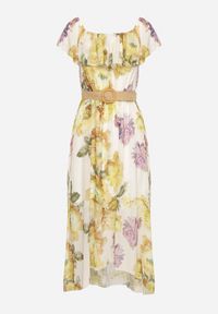 Born2be - Żółta Sukienka Typu Hiszpanka w Kwiaty z Paskiem Sademire. Okazja: na co dzień. Typ kołnierza: dekolt hiszpanka. Kolor: żółty. Wzór: kwiaty. Styl: casual #6