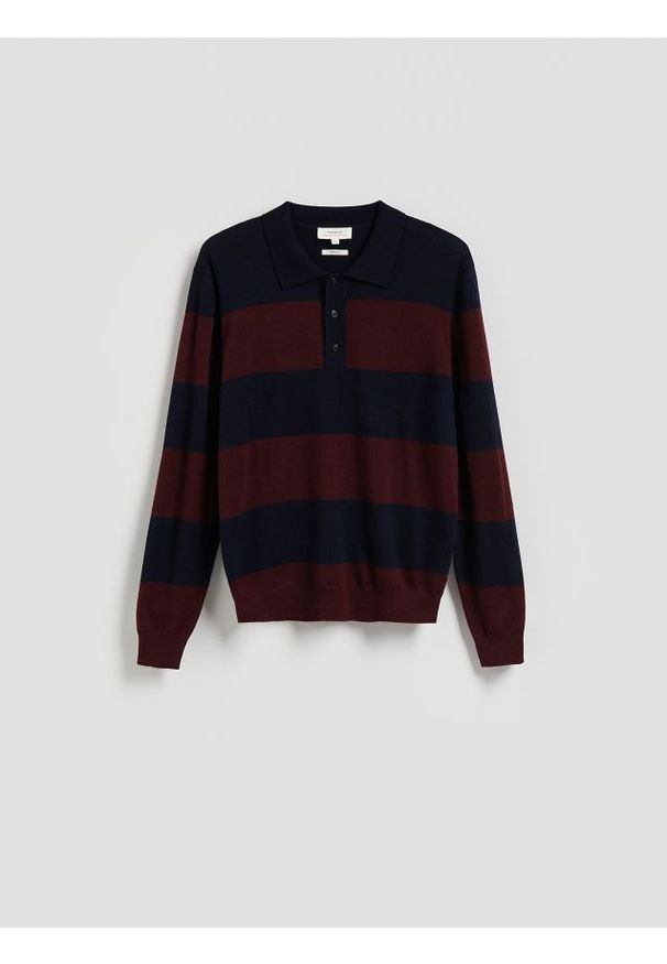 Reserved - Sweter polo z wełny merino - granatowy. Typ kołnierza: polo. Kolor: niebieski. Materiał: wełna