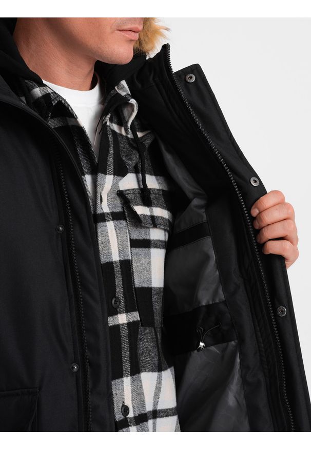 Ombre Clothing - Ocieplana męska kurtka alaska z kieszeniami i rozpinanym dołem – czarna V2 OM-JALJ-0148 - L. Typ kołnierza: kaptur. Kolor: czarny. Materiał: syntetyk, materiał. Długość: długie. Wzór: moro. Styl: militarny