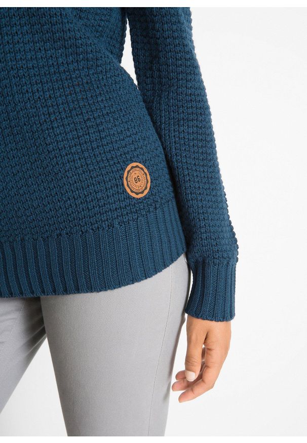 bonprix - Sweter z golfem z troczkami. Typ kołnierza: golf. Kolor: niebieski. Materiał: skóra. Wzór: aplikacja
