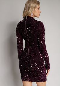 Born2be - Fioletowa Dopasowana Sukienka Mini z Półgolfem Zdobiona Cekinami Jurottja. Kolor: fioletowy. Długość rękawa: długi rękaw. Wzór: aplikacja. Typ sukienki: proste. Długość: mini #3