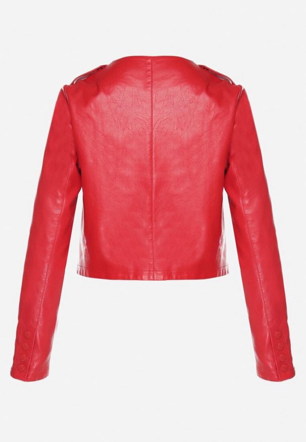 Born2be - Czerwona Kurtka Ramoneska z Ozdobnymi Guzikami Sesiania. Okazja: na co dzień. Kolor: czerwony. Materiał: jeans. Długość rękawa: długi rękaw. Długość: długie. Styl: casual, elegancki, klasyczny