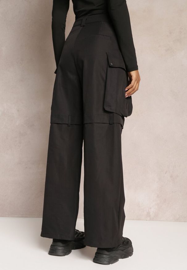 Renee - Czarne Szerokie Spodnie High Waist w Stylu Cargo Vomisal. Okazja: na co dzień. Stan: podwyższony. Kolor: czarny. Styl: casual, elegancki