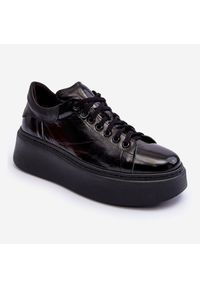 Lemar Damskie Buty Sportowe Lakierowane na Platformie Czarne Milonia. Zapięcie: sznurówki. Kolor: czarny. Materiał: lakier. Obcas: na platformie #7