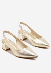 Born2be - Złote Sandały Slingback Vices na Słupku Zdobione Perforacją Telanisia. Okazja: na co dzień. Nosek buta: szpiczasty. Kolor: złoty. Materiał: jeans. Wzór: aplikacja. Obcas: na słupku. Styl: casual, elegancki #4